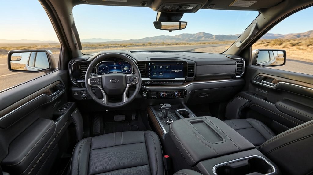 2027 Chevrolet Silverado 1500 interior with large digital displays