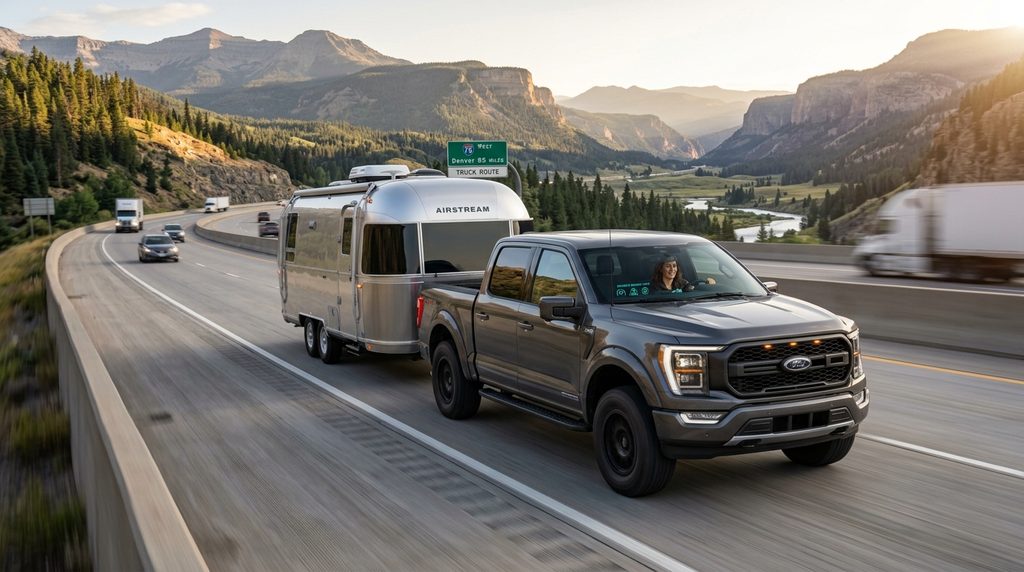 2027 Ford F-150 towing trailer on highway